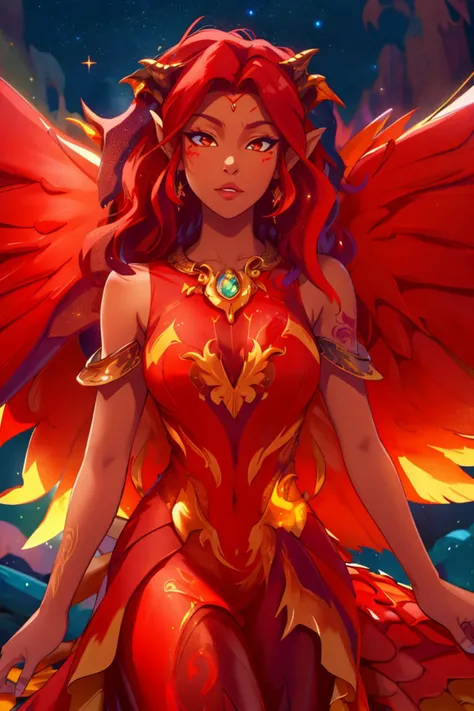 ((tired)), (phoenix dress),((dragon wings)),1girl, solo, masterpiece, best quality,<lora:Char_lese-AzariFiredancer:0.5>, azarifiredancer, dark skin, red hair, brown eyes, tattoos, gradient hair, ,with a northern lights in the background, towering lighthouse on a cliff, (<lora:Tweak_Detail25:0.4>, Tweak_PrettyEyes:0.8 <lora:Tweak_Colorful-V2:0.7>), <lora:Outfit_PhoenixDress-v1:0.6>, radiant, explosive