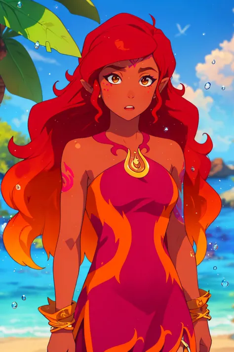 ((panicked)),1girl, solo, masterpiece, best quality,<lora:Char_lese-AzariFiredancer:0.75> azarifiredancer, dark skin, red hair, brown eyes, tattoos, gradient hair,with a ocean view in the background, glistening dewdrops on leaves in the foreground, (<lora:Tweak_Detail25:0.6>, Tweak_PrettyEyes:0.8 <lora:Tweak_Colorful-V2:0.7>),