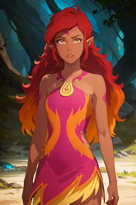 (AzariFiredancer:1.5), (dark skin, red hair, brown eyes), red to orange gradient hair, (realistic:1.2), (masterpiece:1.2), (full-body-shot:1),(Cowboy-shot:1.2), neon lighting, dark romantic lighting, (highly detailed:1.2),(detailed face:1.2), (gradients), colorful, detailed eyes, (detailed landscape:1.2), (natural lighting:1.2), close shot, solo, 1girl, <lora:LEGOElvesAzari-10:0.8> <lora:add_detail:0.3> <lora:BeautifulEyes:0.6>