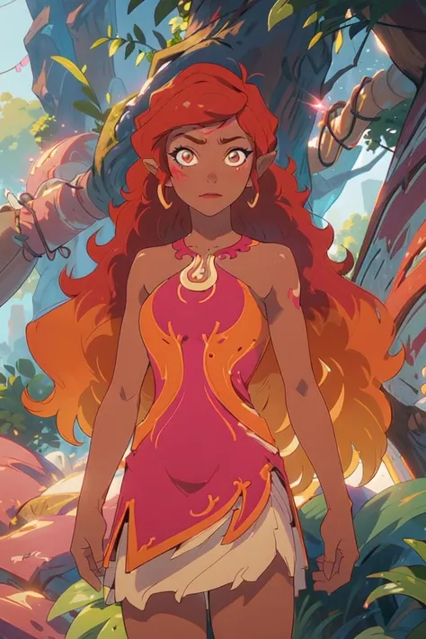 (AzariFiredancer:1.5), (dark skin, red hair, brown eyes), red to orange gradient hair, (realistic:1.2), (masterpiece:1.2), (full-body-shot:1),(Cowboy-shot:1.2), neon lighting, dark romantic lighting, (highly detailed:1.2),(detailed face:1.2), (gradients), colorful, detailed eyes, (detailed landscape:1.2), (natural lighting:1.2), close shot, solo, 1girl, <lora:LEGOElvesAzari-10:0.8> <lora:add_detail:0.3> <lora:BeautifulEyes:0.6>