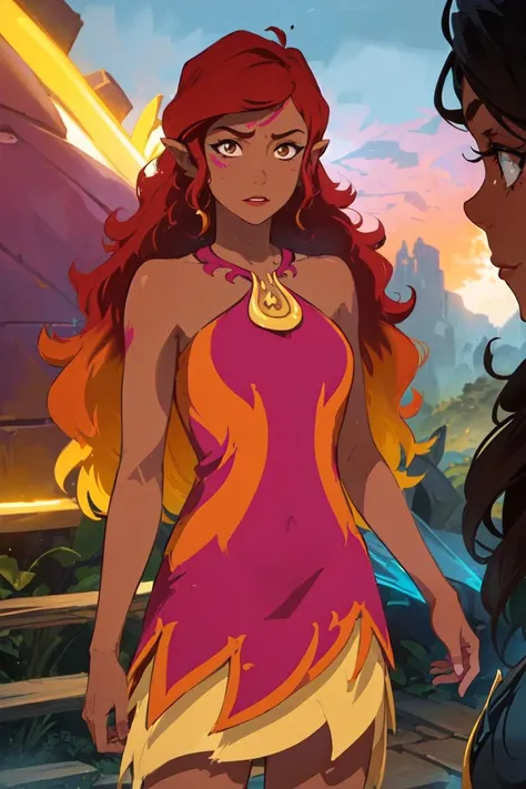(AzariFiredancer:1.5), (dark skin, red hair, brown eyes), red to orange gradient hair, (realistic:1.2), (masterpiece:1.2), (full-body-shot:1),(Cowboy-shot:1.2), neon lighting, dark romantic lighting, (highly detailed:1.2),(detailed face:1.2), (gradients), colorful, detailed eyes, (detailed landscape:1.2), (natural lighting:1.2), close shot, solo, 1girl,  <lora:LEGOElvesAzari-10:0.8> <lora:add_detail:0.3> <lora:BeautifulEyes:0.6>