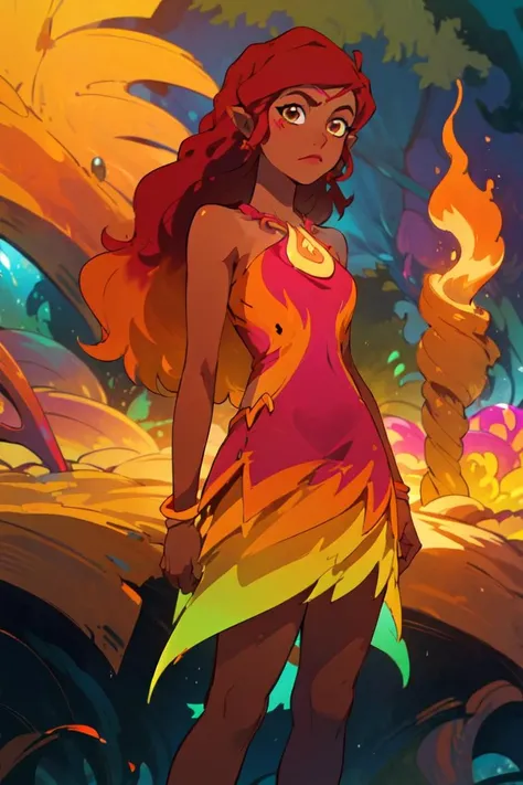 (AzariFiredancer:1.5), (dark skin, red hair, brown eyes), red to orange gradient hair, (realistic:1.2), (masterpiece:1.2), (full-body-shot:1),(Cowboy-shot:1.2), neon lighting, dark romantic lighting, (highly detailed:1.2),(detailed face:1.2), (gradients), colorful, detailed eyes, (detailed landscape:1.2), (natural lighting:1.2), close shot, solo, 1girl,  <lora:LEGOElvesAzari-10:0.8> <lora:add_detail:0.3> <lora:BeautifulEyes:0.6>