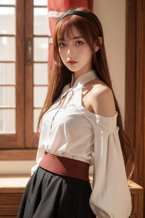 (Best Quality, Masterpiece:1.4), (Realism:1.2), (Realisitc:1.2), (Absurdres:1.2), (photorealistic:1.3), 1girl,Realistic Skin,Solo,( Very Big Eyes,beautiful detailed eyes, symmetric eyes), pikkyeris, red hair, long hair, bangs, hair between eyes, ahoge, very long hair, red eyes, breasts, small breasts, hairband, black hairband, thick eyebrows, bare shoulders, long sleeves, skirt, shirt, white shirt, black skirt, blush, indoors, <lora:Eris:0.7>