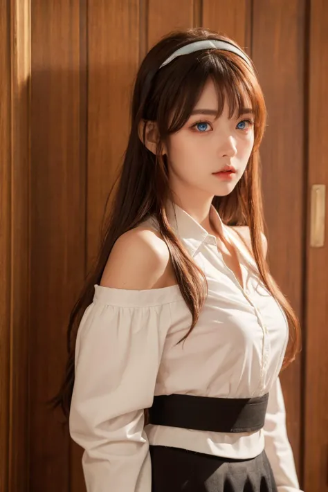 (Best Quality, Masterpiece:1.4), (Realism:1.2), (Realisitc:1.2), (Absurdres:1.2), (photorealistic:1.3), 1girl,Realistic Skin,Solo,( Very Big Eyes,beautiful detailed eyes, symmetric eyes), pikkyeris, red hair, long hair, bangs, hair between eyes, ahoge, very long hair, red eyes, breasts, small breasts, hairband, black hairband, thick eyebrows, bare shoulders, long sleeves, skirt, shirt, white shirt, black skirt, blush, indoors, <lora:Eris:0.7>