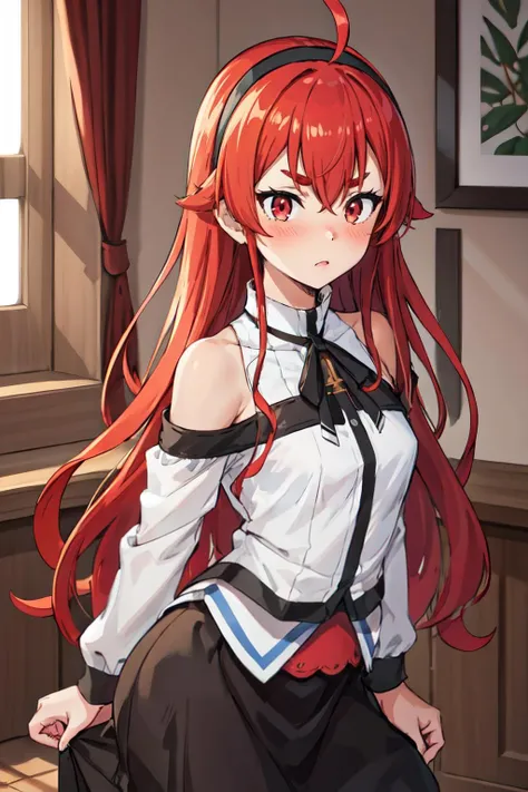 pikkyeris, 1girl, red hair, long hair, bangs, hair between eyes, ahoge, very long hair, red eyes, breasts, small breasts, hairband, black hairband, thick eyebrows, bare shoulders, long sleeves, skirt, shirt, white shirt, black skirt, blush, indoors, masterpiece, best quality, detailed   <lora:Eris:0.7>