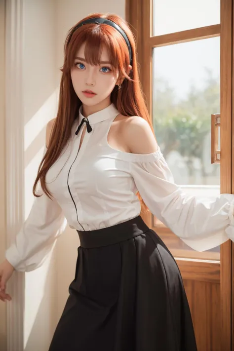 (Best Quality, Masterpiece:1.4), (Realism:1.2), (Realisitc:1.2), (Absurdres:1.2), (photorealistic:1.3), 1girl,Realistic Skin,Solo,( Very Big Eyes,beautiful detailed eyes, symmetric eyes), pikkyeris, red hair, long hair, bangs, hair between eyes, ahoge, very long hair, red eyes, breasts, small breasts, hairband, black hairband, thick eyebrows, bare shoulders, long sleeves, skirt, shirt, white shirt, black skirt, blush, indoors, <lora:Eris:0.7>
