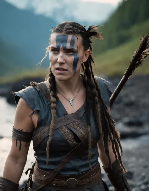 cinematic photo Close-up of (((ohwx woman))) in Hellblade: Senua's Sacrifice, emerging from black mud, long hair with dreads, war blue paint, paint fading, angry expression, dirty face, finely detailed eyes, moody, viking clothes, epic scene, epic composition, Photography, Cinematic Lighting, Volumetric Lighting, ethereal light, intricate details, extremely detailed volumetric rays <lora:mbbo_lora_sdxl_v1-000009:1> . 35mm photograph, film, bokeh, professional, 4k, highly detailed