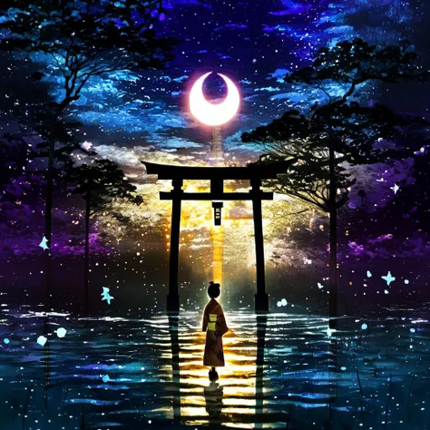 <lora:star_xl_v2:1>,
a person standing in front of a lantern in the dark with a crescent on it and a full moon in the sky, 1girl, solo, standing, japanese clothes, sky, water, tree, night, moon, bug, scenery, silhouette, torii, crescent moon, star \(sky\), nature, starry sky, The image portrays a serene and mystical night scene. In the foreground, there's a silhouette of a person standing in front of a large, ornate torii gate. The gate is illuminated from the inside, casting a warm, golden glow. The person is dressed in traditional attire, possibly a kimono, and is facing away from the viewer, looking towards the horizon. The background is filled with a mesmerizing blend of colors, predominantly blues and purples, representing the night sky. There are numerous stars scattered throughout, and a crescent moon is visible in the center. The water below reflects the colors of the sky, adding to the tranquility of the scene. On the right side, there's a silhouette of a butterfly, adding a touch of life and movement to the otherwise still image., serene, mystical, night scene, torii gate, golden glow, traditional attire, stars, butterfly