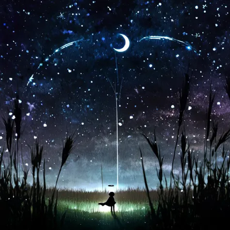 <lora:star_xl_v2:1>,
a person standing in a field under a night sky filled with stars and a crescent moon above them, with a person standing in the foreground, solo, 1boy, standing, outdoors, sky, cloud, tree, night, moon, grass, star \(sky\), nature, night sky, scenery, starry sky, silhouette, dark, crescent moon, 1girl, long hair, from behind, shooting star, The image showcases a breathtaking cosmic scene where a vast expanse of the universe is visible. The sky is filled with a myriad of stars, nebulae, and a crescent moon. A silhouette of a person stands in the foreground, gazing up at the celestial display. The person appears to be holding a small object, possibly a telescope or a camera, capturing the moment. The ground is covered with tall grasses, and the overall ambiance of the image is serene and awe-inspiring., cosmic scene, vast expanse of the universe, silhouette of a person, telescope, camera, grasses, ambiance