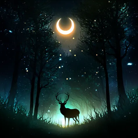 <lora:star_xl_v2:1>,
a deer standing in the middle of a forest under a crescent moon and stars filled sky with stars and a crescent, outdoors, sky, tree, no humans, night, glowing, moon, grass, star \(sky\), nature, night sky, scenery, starry sky, silhouette, dark, antlers, crescent moon, deer, solo, forest, The image showcases a mystical and enchanting nighttime forest scene. Dominating the sky is a large, glowing crescent moon, casting a soft light over the landscape. The forest is dense with trees, their branches intertwining and forming a canopy. The ground is covered with grass and small plants, and there are a few birds flying in the distance. In the foreground, a majestic stag with large antlers stands, its silhouette illuminated by a soft, golden light. The entire scene is bathed in a blend of cool and warm tones, creating a sense of wonder and magic., mystical, enchanting, nighttime, plants, birds, stag, golden light, tones