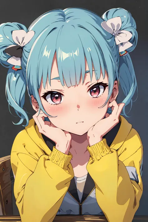 (anime, masterpiece:1.2), 4k, absurdres, best quality, high resolution, (Super Hi-Res), (physically-based rendering), (TopQuality), physically-based rendering, highly detailed, intricate detail, teenage, perfect anatomy, 1girl, <lora:szk:0.75> (hyodo shizuku:1.1), (slender:1.1), (skinny:1.1), (slim body:1.3), small breasts, (extreme close-up:1.4), school_uniform, (yellow_hood:1.1), (yellow_jacket:1.1), (incoming kiss:1.2), (full-face blush:1.2), hands_on_own_cheeks, sitting, looking at viewer,