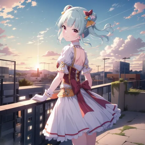 (masterpiece, best quality), 1girl, solo, from_behind, hyodo shizuku, idol-outfit, <lora:szk-000008:0.75>, looking_back, smile, blush, rooftop, railing, sunset, light_rays