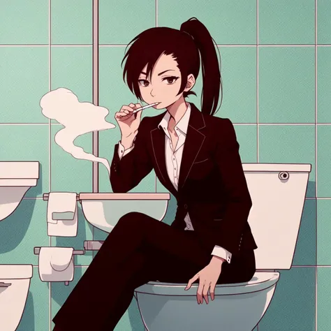 <lora:EyestrainColors:0.6>, EyestrainColors, a woman wearing a business suit sitting on top of a toilet in a bathroom, smoking a cigarette, ponytail, punk, bandaid