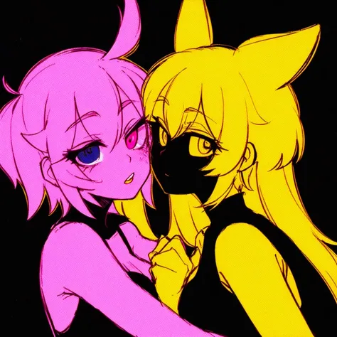 <lora:EyestrainColors:0.7>, EyestrainColors, a couple of cartoon characters holding their heads close together, pink and yellow, halftone