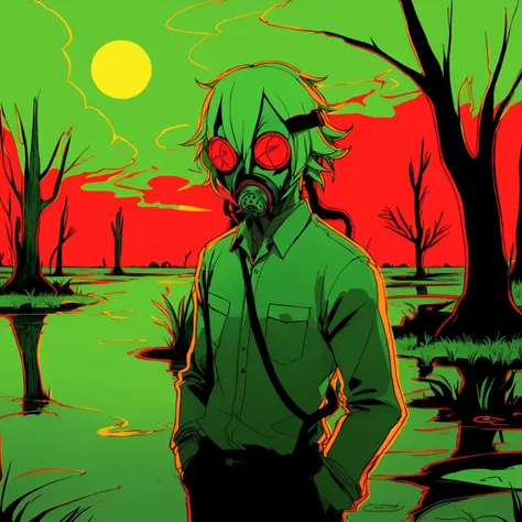 <lora:EyestrainColors:0.8>, EyestrainColors, drawing of a person wearing a gasmask, in a swamp, green and red