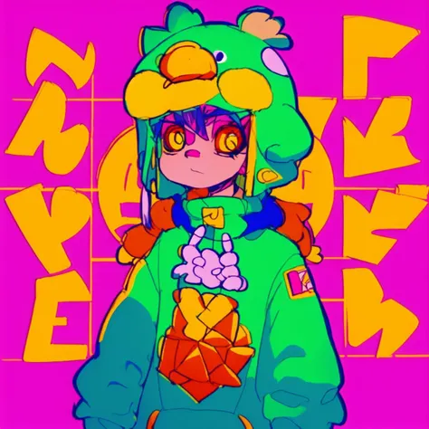 <lora:EyestrainColors:1>, EyestrainColors, a drawing of a girl in a chicken costume in front of a checkered pattern wall, checkerboard, masterpiece, 8k, dynamic angle, crazy eyes, close up, simple background