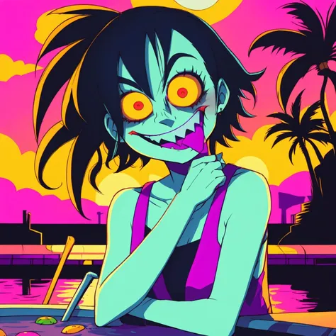 <lora:EyestrainColors:0.9>, EyestrainColors, drawing of a pretty woman with crazy eyes, evil grin, pool scene with palm trees and a sunset, minimalistic