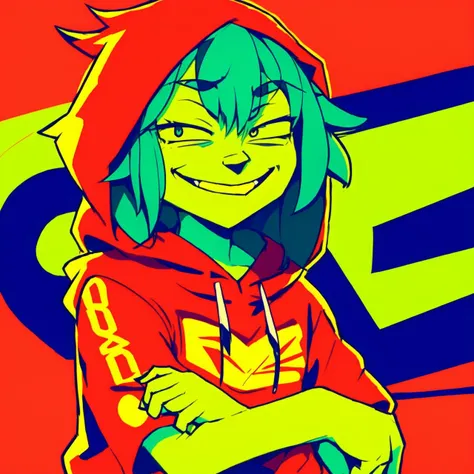 <lora:EyestrainColors:0.9>, EyestrainColors, realistic, detailed, painting of a girl with green skin and a red hoodie with short blue hair, smug, smirking, yellow, dynamic pose, dynamic angle
