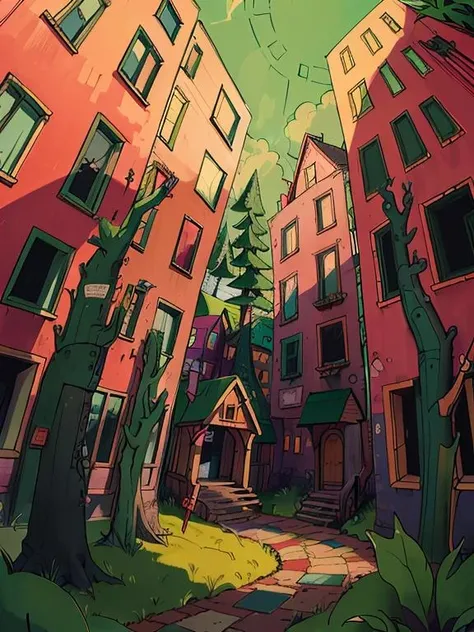 <lora:EyestrainColors:0.8> EyestrainColors, drawing of a magical house, (masterpiece) , pavement, architecture, in the forest, red and green style