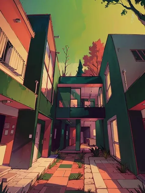 <lora:EyestrainColors:0.8> EyestrainColors, drawing of a modern house, (masterpiece) , pavement, architecture, in the forest, red and green style
