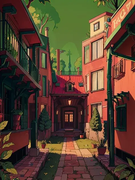 <lora:EyestrainColors:0.8> EyestrainColors, drawing of a villa house, (masterpiece) , pavement, architecture, in the forest, red and green style