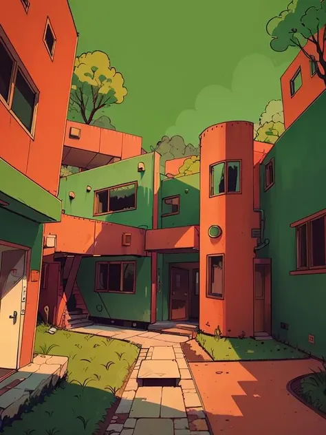 <lora:EyestrainColors:0.8> EyestrainColors, drawing of a modern house, (masterpiece) , pavement, architecture, in the forest, red and green style