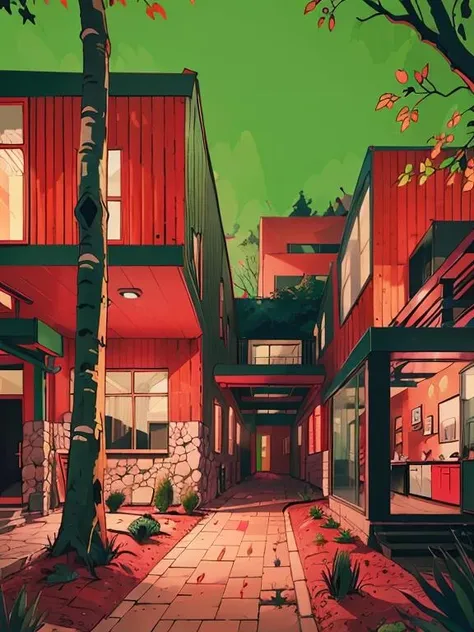 <lora:EyestrainColors:0.8> EyestrainColors, drawing of a modern house, (masterpiece) , pavement, architecture, in the forest, red and green style