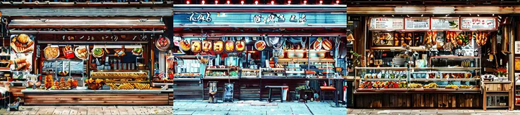 highly insanely detailed, masterpiece, top quality, best quality, highres, 4k, 8k, RAW photo, (very aesthetic, beautiful and aesthetic), <lora:Large food stalls:1>, Large food stalls