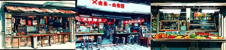 highly insanely detailed, masterpiece, top quality, best quality, highres, 4k, 8k, RAW photo, (very aesthetic, beautiful and aesthetic), <lora:Large food stalls:1>, Large food stalls