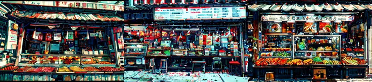 highly insanely detailed, masterpiece, top quality, best quality, highres, 4k, 8k, RAW photo, (very aesthetic, beautiful and aesthetic), <lora:Large food stalls:1>, Large food stalls