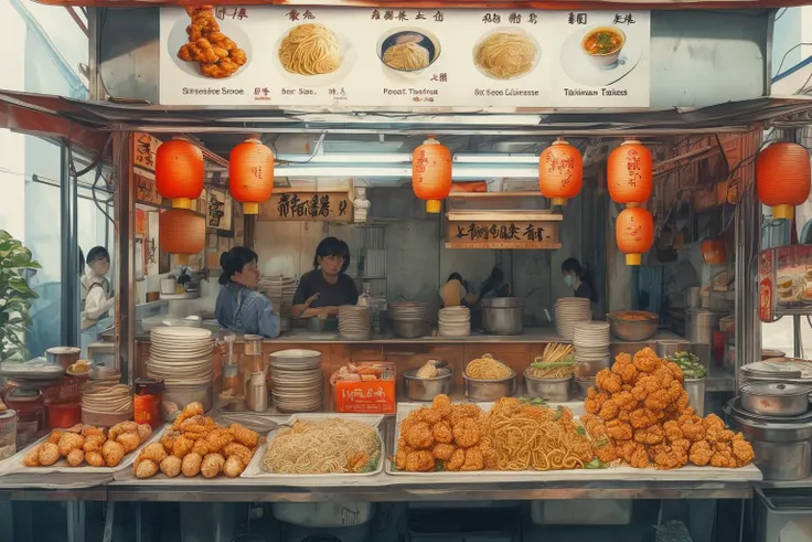 <lora:tbh79-:1>,masterpiece,best quality,The image generated using AI Art Bud Singh v6 is titled "Taiwanese Cuisine" "Street Food Delights." It features a highly detailed table containing information . the photography about food stall projects, particularly focusing on street food vendors. One of the stalls depicted is a traditional Taiwanese noodle stall from the 1980s. It is set against a white background, with some dry noodle products displayed. The design layout spans the entire page and is drawn from various angles. This image is generated based on the brand name Pro reco art