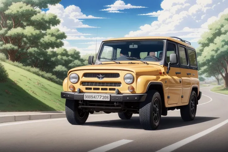 (anime), (illustration), cartoon, detailed, <lora:UAZHNTR:.7> UAZHNTR masterpiece,best quality,official art,extremely detailed CG unity 8k wallpaper,illustration, vehicle focus, road, <lora:urushisato:.5> ((urushisato)) (((detailed background))), cute, funny, centered, award winning watercolor pen illustration, detailed, disney, isometric illustration, drawing, by Stephen Hillenburg, Matt Groening, Albert Uderzo
