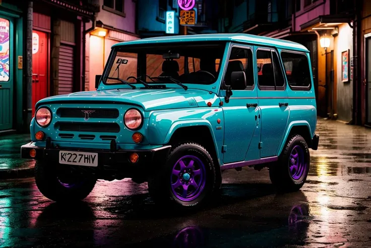 (anime), (illustration), cartoon, detailed, <lora:UAZHNTR:.7> UAZHNTR Hotwheels, glitter, synthwave, 8K, high detail, caberpunk, dark alleyway, JDM, 8K, night, photography, rain