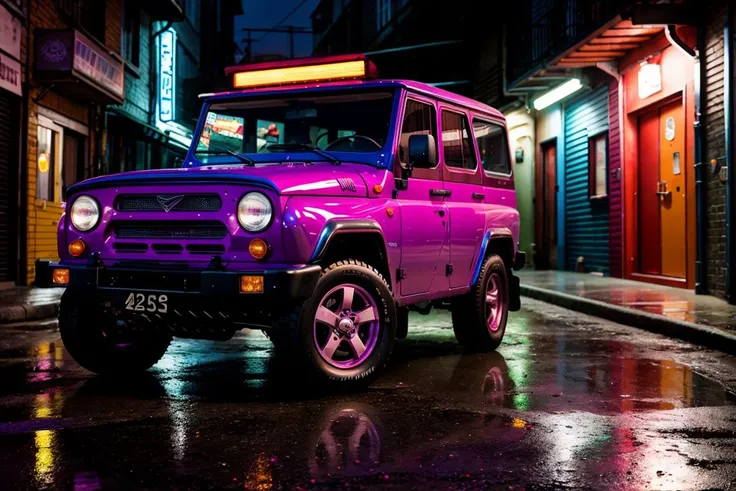 <lora:UAZHNTR:.7> UAZHNTR Hotwheels, glitter, synthwave, 8K, high detail, caberpunk, dark alleyway, JDM, 8K, night, photography, rain