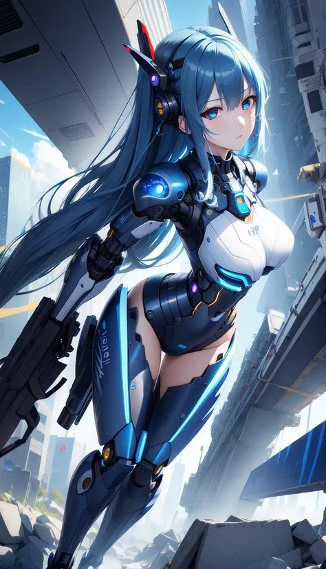 ((master piece)),best quality, (8k, best quality, masterpiece:1.2), ultra-detailed, illustration, beautiful detailed eyes, beautiful detailed hair, ((fullbody)), 1girl, solo, mecha, mecha_musume, cyborg, cool_movement, blue hair, city, cyberpunk,  <lora:mecha_2_V2:0.4>