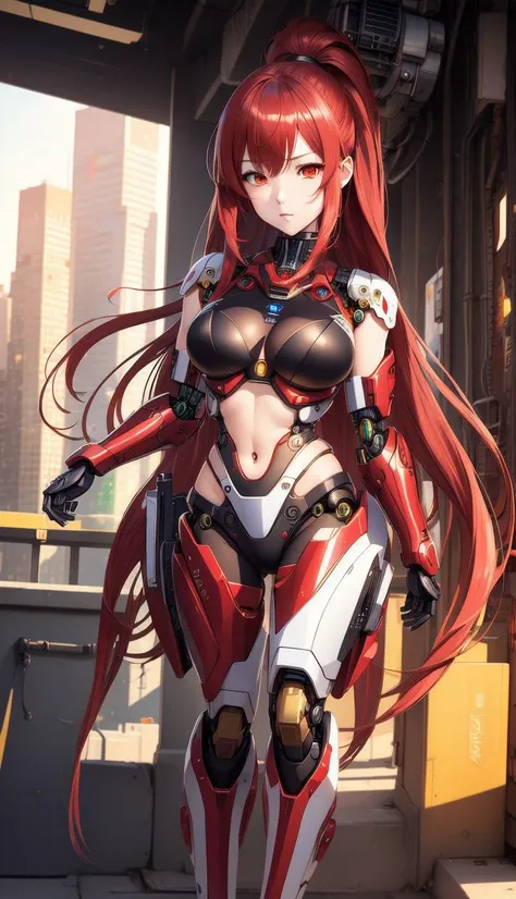 ((master piece)),best quality, (8k, best quality, masterpiece:1.2), ultra-detailed, illustration, beautiful detailed eyes, beautiful detailed hair, ((fullbody)), 1girl, solo, bikini, mecha, mecha_musume, cyborg, cool_movement, red hair, city, cyberpunk, <lora:mecha_2_V2:0.3>