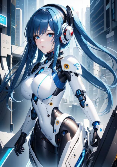 ((master piece)),best quality, (8k, best quality, masterpiece:1.2), ultra-detailed, illustration, beautiful detailed eyes, beautiful detailed hair, 1girl, solo, mecha, mecha_musume, cyborg, cool_movement, blue hair, city, cyberpunk,  <lora:mecha_2_V2:0.4>