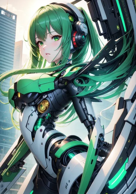 ((master piece)),best quality, (8k, best quality, masterpiece:1.2), ultra-detailed, illustration, beautiful detailed eyes, beautiful detailed hair, 1girl, solo, mecha, mecha_musume, cyborg, cool_movement, green hair, city, cyberpunk, <lora:mecha_2_V2:0.4>