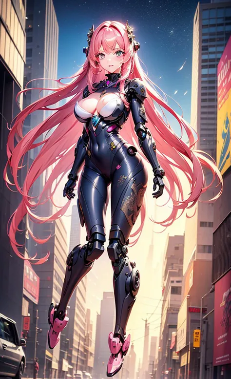 ((master piece)),best quality, illustration, 1girl, large breast, beautiful detailed eyes, beautiful detailed hair, (floating long hair), beautiful detailed street, mecha clothes, robot girl, cool movement, (filigree), fullbody, pink hair, outerspace, city, mecha, mechanical_body, mechanical_wings, <lora:Mecha_V2:1>
