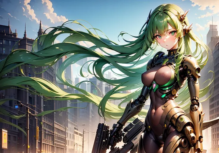 ((master piece)),best quality, illustration, 1girl, large breast, beautiful detailed eyes, beautiful detailed hair, (floating long hair), beautiful detailed street, mecha clothes, robot girl, cool movement, (filigree), green hair, outerspace, city, mecha, mechanical_body, mechanical_wings, <lora:Mecha_V2:1>