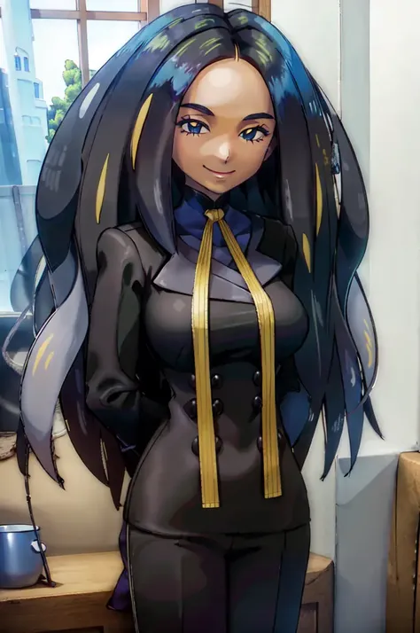 (masterpiece, best quality:1.2) geeta, pokemon, 1girl, solo, long hair, black hair, multicolored hair, dark-skinned female, looking at viewer, smile, blue eyes, large breasts, yellow pupils, gloves, long sleeves, ribbon, black jacket, black pants, (arms behind back:1.2), neck ribbon, buttons, glowing, yellow ribbon,  <lora:GEETA-15:0.8> <lora:kenSugimori1990sClassic_v12:0.7>
