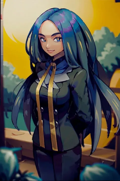 (masterpiece, best quality:1.2) geeta, pokemon, 1girl, solo, long hair, black hair, multicolored hair, dark-skinned female, looking at viewer, smile, blue eyes, large breasts, yellow pupils, gloves, long sleeves, ribbon, black jacket, black pants, (arms behind back:1.2), neck ribbon, buttons, glowing, yellow ribbon, <lora:GEETA-15:0.8> <lora:kenSugimori1990sClassic_v12:0.7>