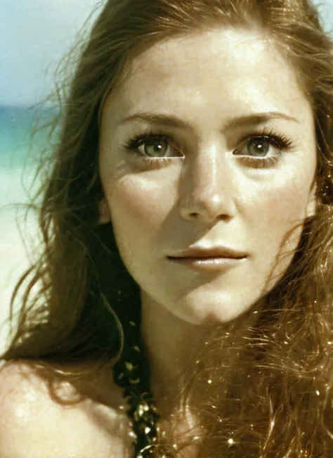 closeup picture, best quality, a woman in the beach, photo of beautiful KH<lora:KH:1.0>, long hair, brown hair, bare shoulders, green eyes, upper body, eyelashes, casual clothes, realistic, nose