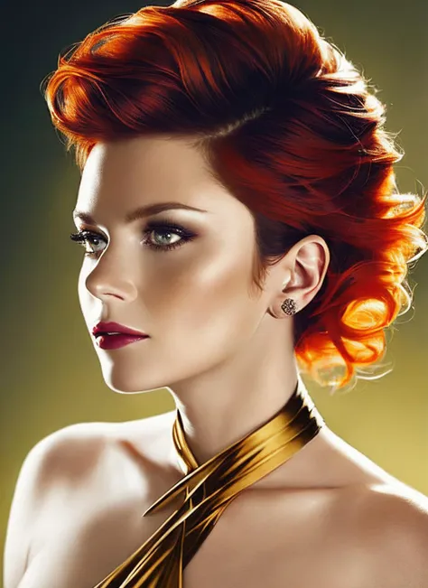 modelshoot style, portrait of sks woman by Flora Borsi, style by Flora Borsi, bold, bright colours, orange Mohawk haircut, ((Flora Borsi)), <lora:locon_annafriel_v1_from_v1_64_32:1.3>