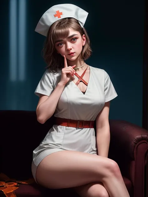 A stunning intricate full color photo of 00_maisiewilliams, at a helloween party, Sitting Cross-Legged, A relaxed seated pose, dressed as Naughty Nurse. She is wearing a short, form-fitting nurse uniform with a white hat and red cross details., <lora:add_detail:0.6> <lora:LowRA:0.2>