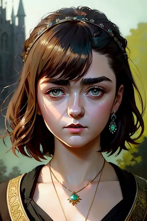 photo of (maisiewilliams:1.2), modelshoot style, (extremely detailed CG unity 8k wallpaper), full shot body photo of the most beautiful artwork in the world, english medieval witch, green vale, pearl skin,golden crown, diamonds, medieval architecture, professional majestic oil painting by Ed Blinkey, Atey Ghailan, Studio Ghibli, by Jeremy Mann, Greg Manchess, Antonio Moro, trending on ArtStation, trending on CGSociety, Intricate, High Detail, Sharp focus, dramatic, photorealistic painting art by midjourney and greg rutkowski