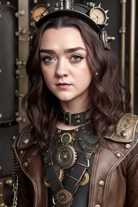 photo of maisiewilliams, (((front to camera))), detailed european face, ((((aspiring facial expression)))), (((steampunk style close))), ((steampunk city on the background)), RAW, analog style, ultra detailed photograph, cinematic lighting, artstation, 4k, sharp focus, high resolution, detailed skin, detailed eyes