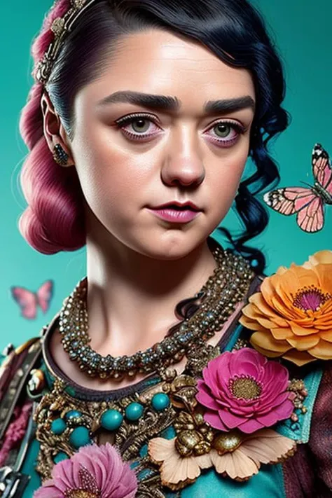 full body portrait of a gorgeous young (maisiewilliams:1.2), A highly detailed and hyper realistic lisa frank, trending on artstation, butterflies, floral, sharp focus, studio photo, intricate details, highly detailed, by Tvera and wlop and artgerm, alberto seveso and geo2099 style