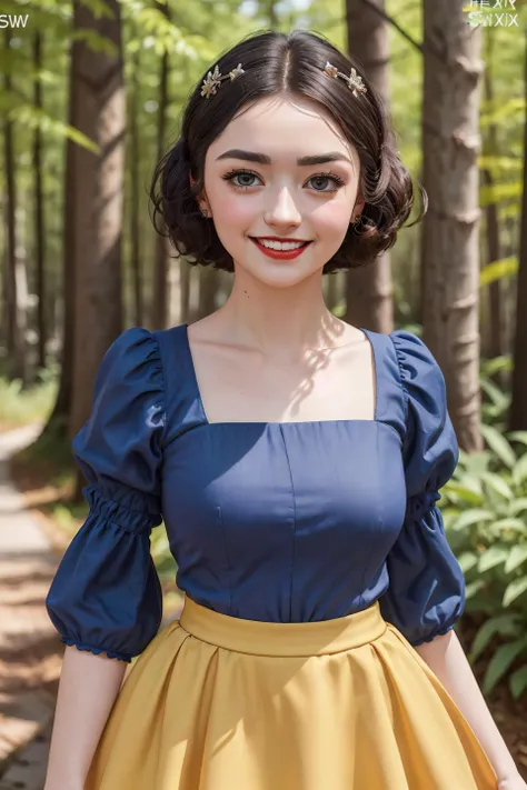 maisiewilliams,,(SnowPrincessw:1.2),(realistic:1.4), (pixiv:1.3), perfect illumination, distinct, (bishoujo:1.2),unreal engine, sidelighting, perfect face, detailed face, beautiful blue eyes, pretty face,(1girl standing),(bright skin:1.2), full body, puffy sleeves,(blue dress),yellow skirt,red lipstick(forest,dwarf background:1.2),<lora:SnowWhite_character-20:0.5>,huge smile,(looking at viewer:1.4)