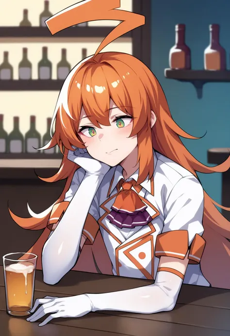 score_9, score_8_up, score_7_up, score_6_up, BREAK sitting in a bar,stadiachan, multicolored hair, orange hair, multicolored eyes, huge ahoge,orange and white shirt, orange ascot, short sleeves, white gloves, elbow gloves,elbow rest,holding alcohol <lora:stadiachan-pdxl-nvwls-v1:1>